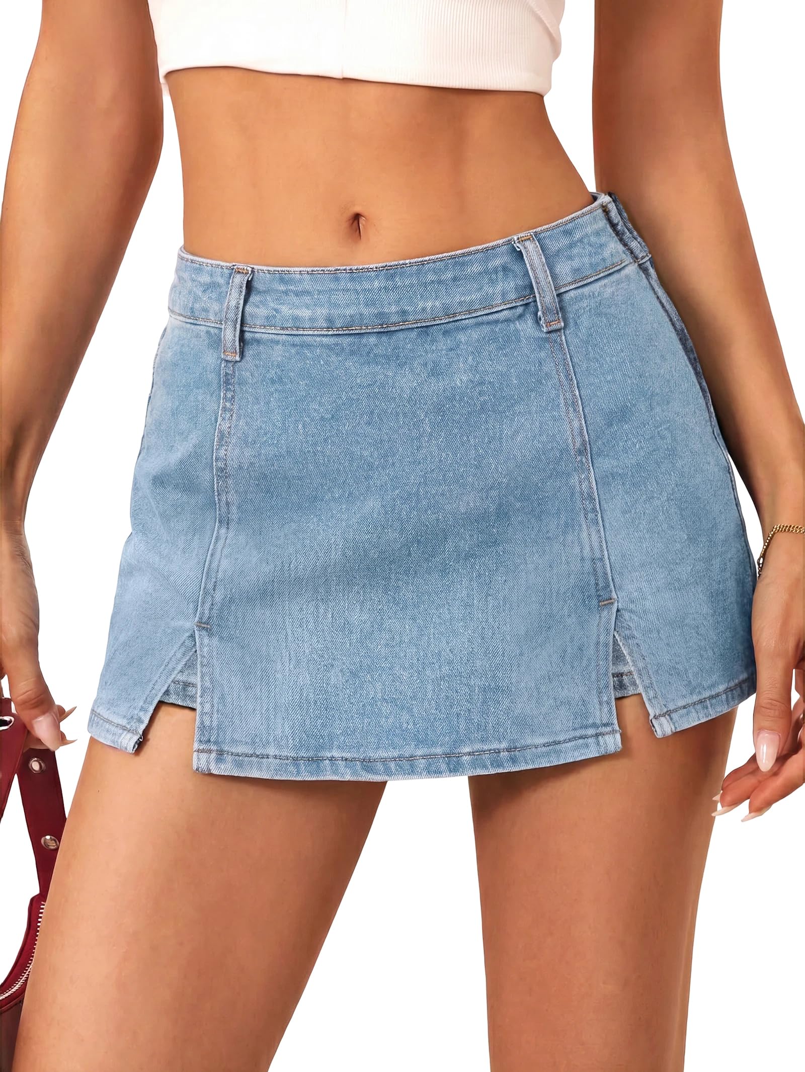 EMMIOL Denim Mini Skirt for Women - Mid Waisted Stretch Side Zipper Skort Y2k Casual Jean Skirts with Shorts Underneath