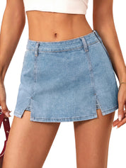EMMIOL Denim Mini Skirt for Women - Mid Waisted Stretch Side Zipper Skort Y2k Casual Jean Skirts with Shorts Underneath