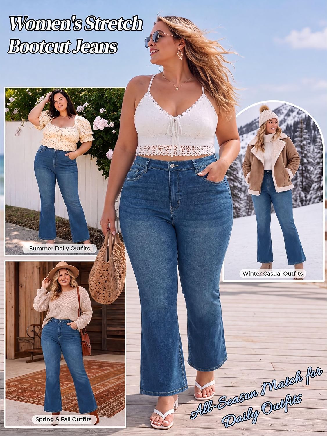 EMMIOL Flare Jeans for Women High Waisted Women's Stretch Bootcut Jeans | Plus Size Bell Bottom Denim Pants with Pockets,Y2K Look,Ripped Design
