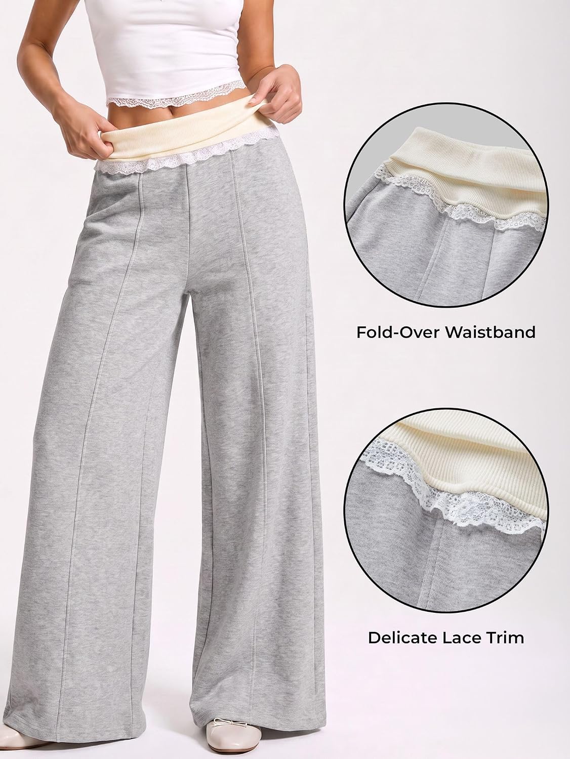 EMMIOL Wide Leg Sweatpants Women Foldover Lace Trim Baggy Lounge Pants | Stretchy Yoga Pants,Y2K Look,Back to School Outfits