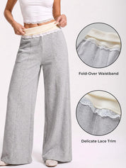 EMMIOL Wide Leg Sweatpants Women Foldover Lace Trim Baggy Lounge Pants | Stretchy Yoga Pants,Y2K Look,Back to School Outfits