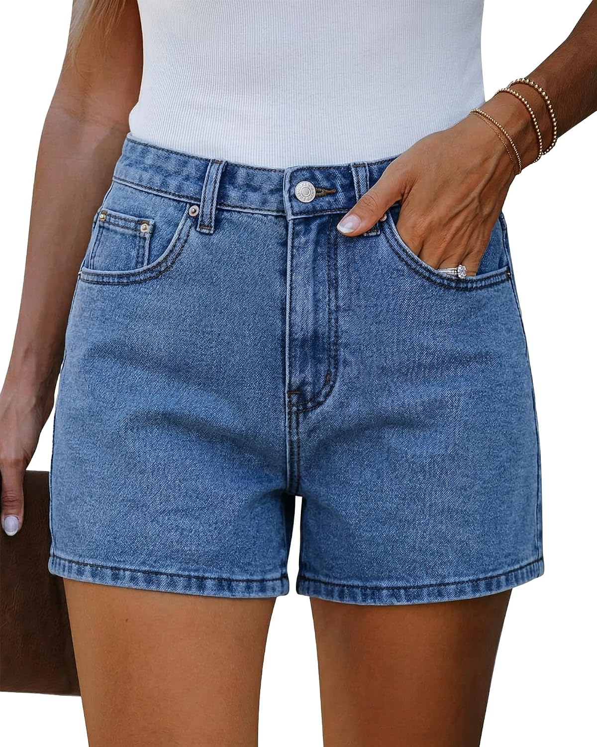 EMMIOL Jean Shorts Womens High Waisted Stretchy Jorts Summer | Vintage Button Y2K Denim Short Mid Length Casual Basic Solid Jeans Outfits with Front and Back Pockets