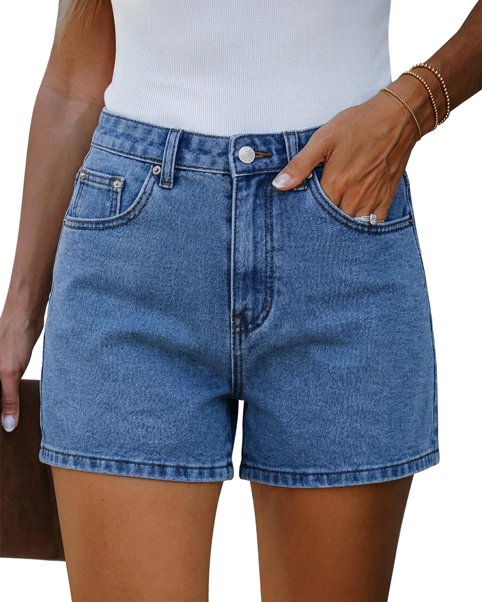 EMMIOL Jean Shorts Womens High Waisted Stretchy Jorts Summer | Vintage Button Y2K Denim Short Mid Length Casual Basic Solid Jeans Outfits with Front and Back Pockets