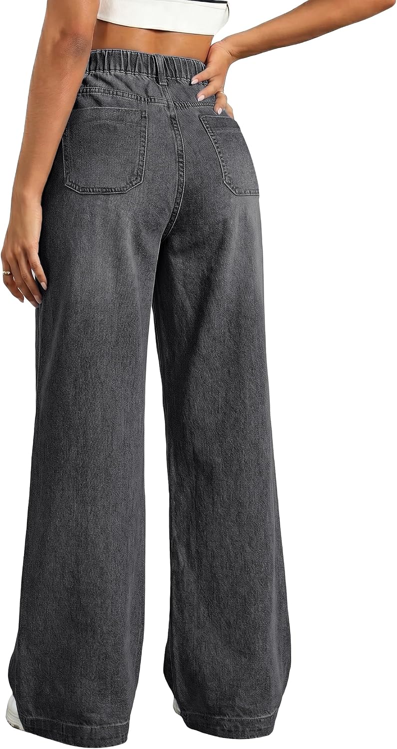 EMMIOL Wide Leg Baggy Jeans for Women Mid High Waisted Stretchy Denim Pants | Pull On Elastic Waist Jeans BBL Y2K Straight Leg Trousers Trendy Outfits