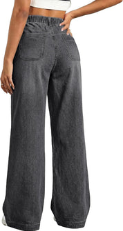 EMMIOL Wide Leg Baggy Jeans for Women Mid High Waisted Stretchy Denim Pants | Pull On Elastic Waist Jeans BBL Y2K Straight Leg Trousers Trendy Outfits