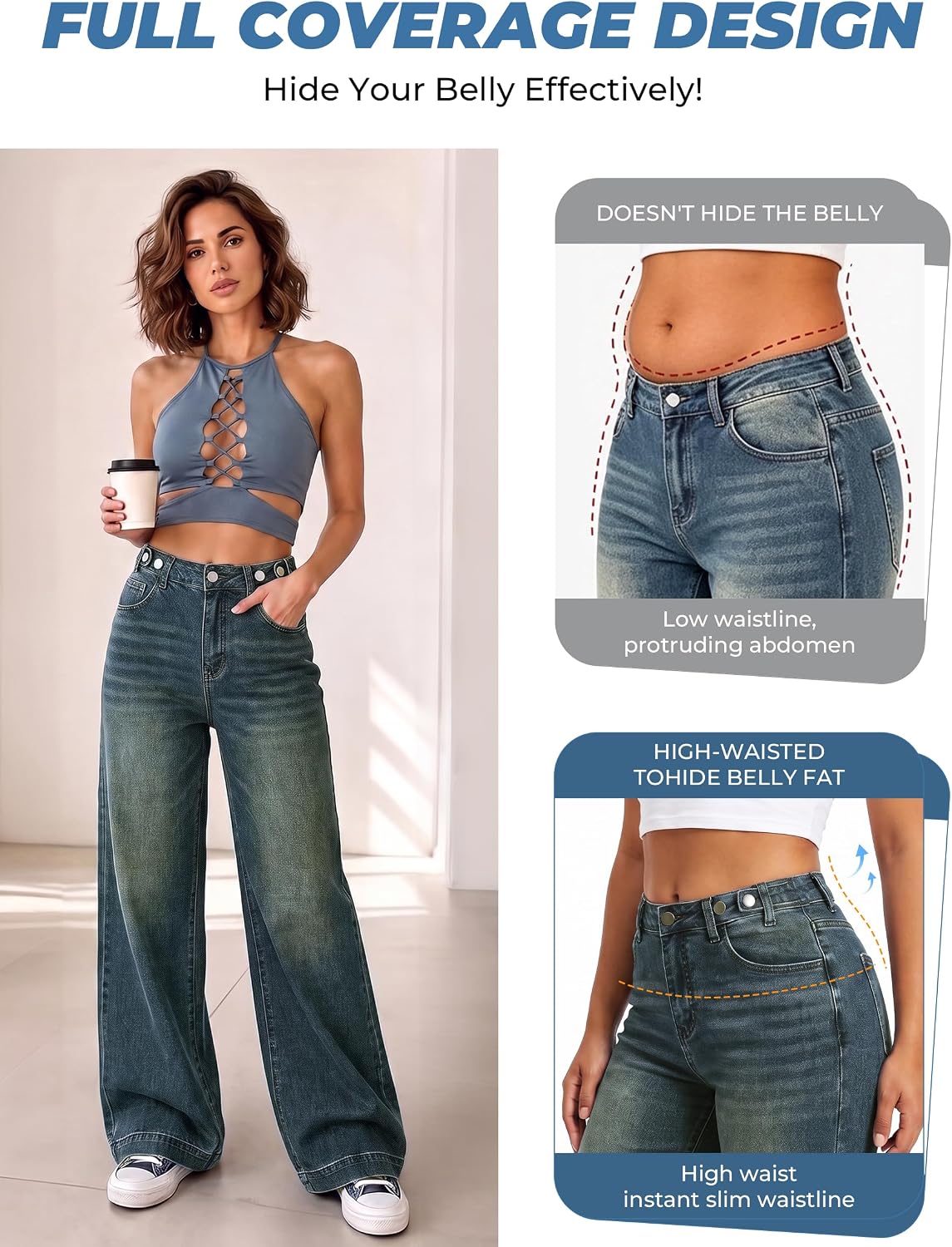 EMMIOL Women's Wide Leg Jeans Baggy Jeans High Waist Stretch Boyfriend Denim Pants Vintage Trousers with Pocket