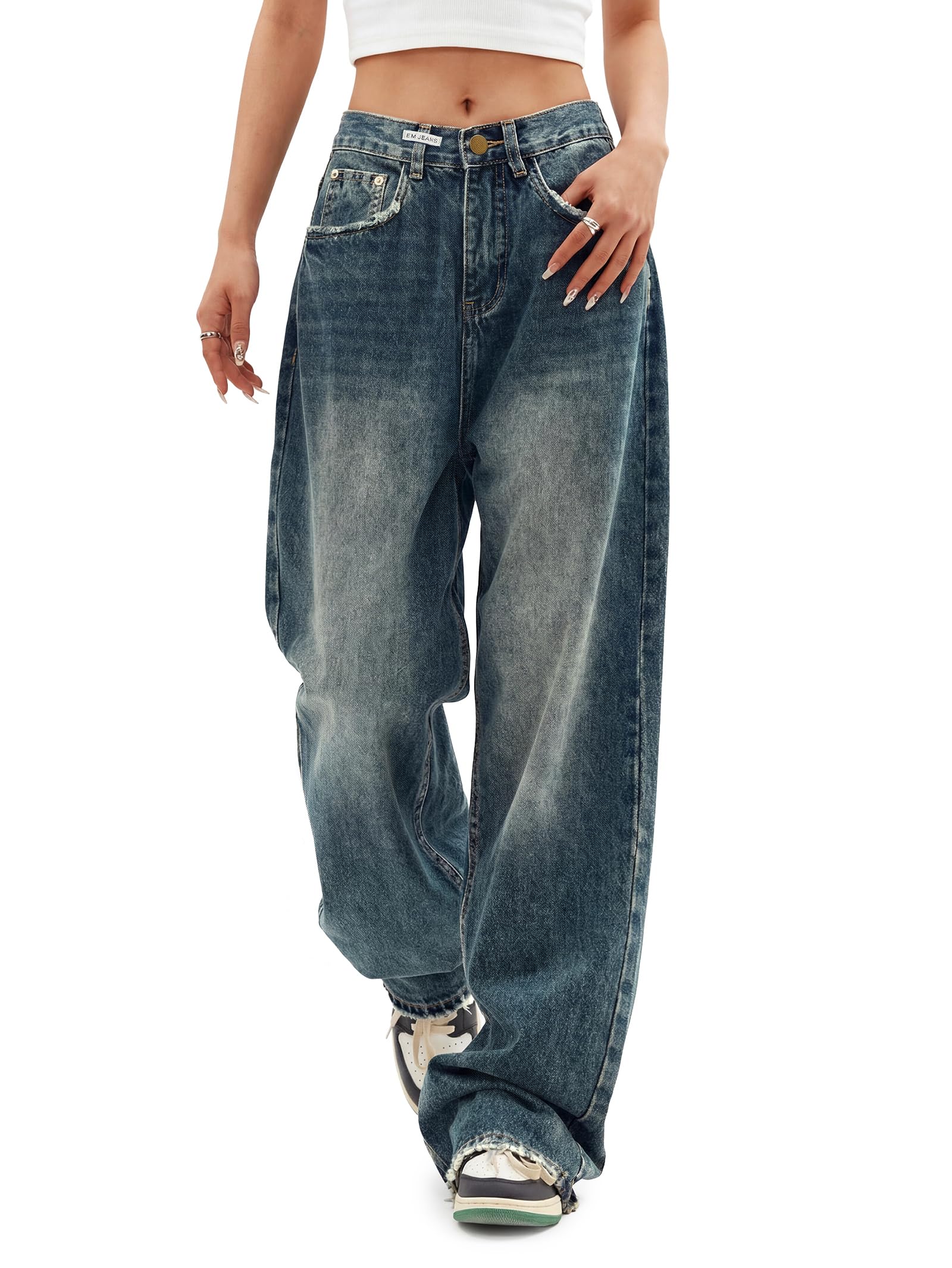 EMMIOL Women Baggy Jeans High Waist Boyfriend Streetwear Vintage Jeans Wide Leg Denim Pants