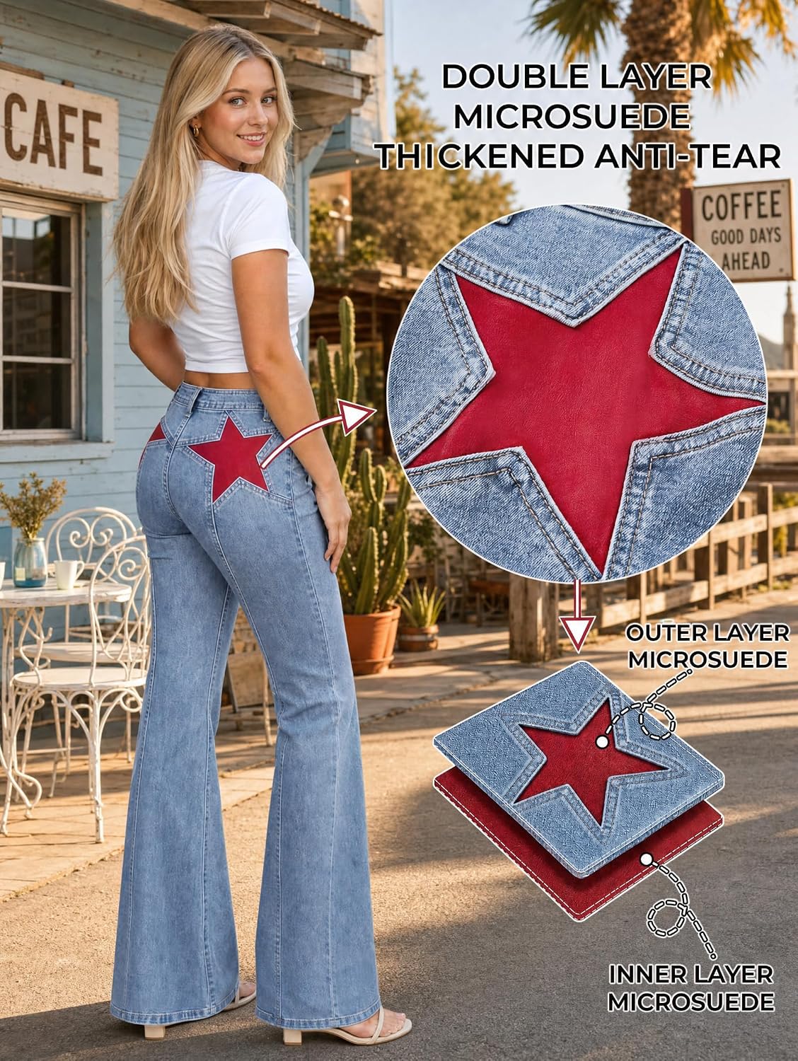 EMMIOL Jeans for Women High Waisted Women's Jeans with Star Patches, Vintage Y2K Denim Pants,Flare Style