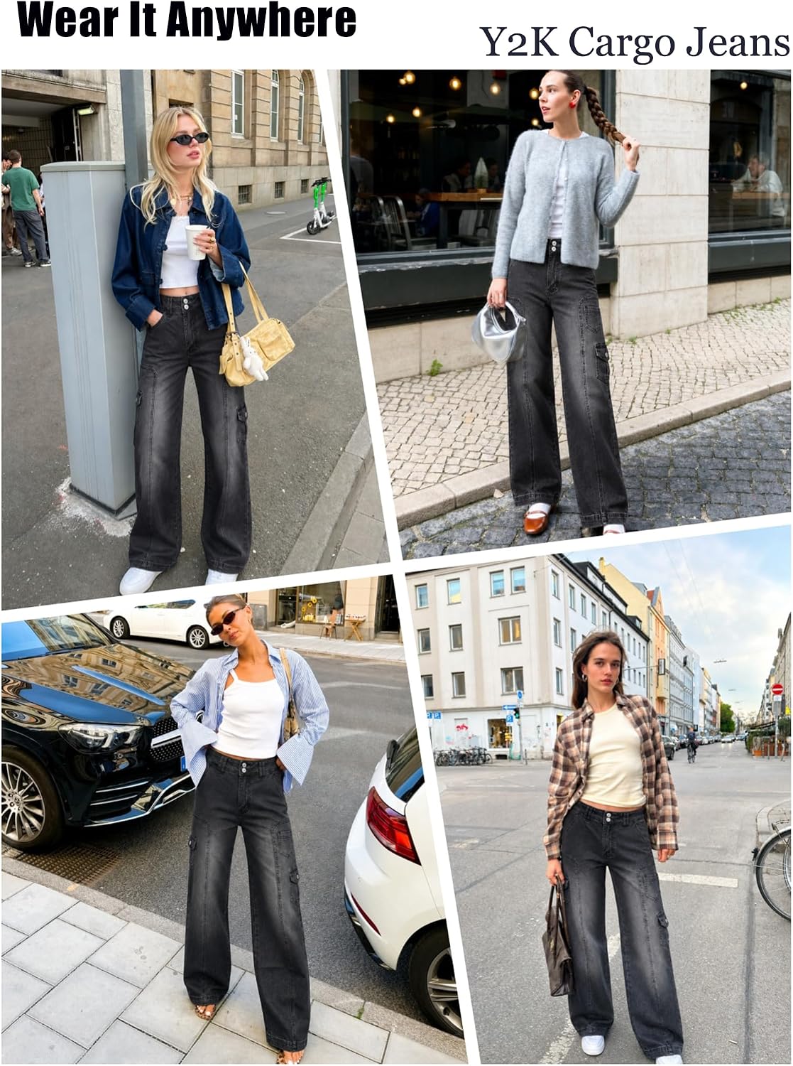 EMMIOL Women's Cargo Jeans Y2K Wide Leg Baggy Denim Pants | High Waisted,Multi-Pocket,Button Closure,Vintage Streetwear,Casual Going Out,Everyday Wear