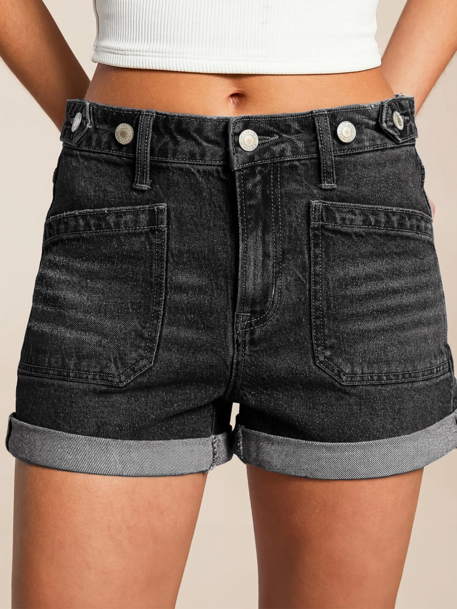 EMMIOL Women Jean Shorts Mid Rise Stretchy Summer Denim Shorts | Adjustable Waist,Cuffed Hem,Jean Shorts with Pockets,Stretch Soft Fabric,Going out,Daily Casual Wear,Back to School