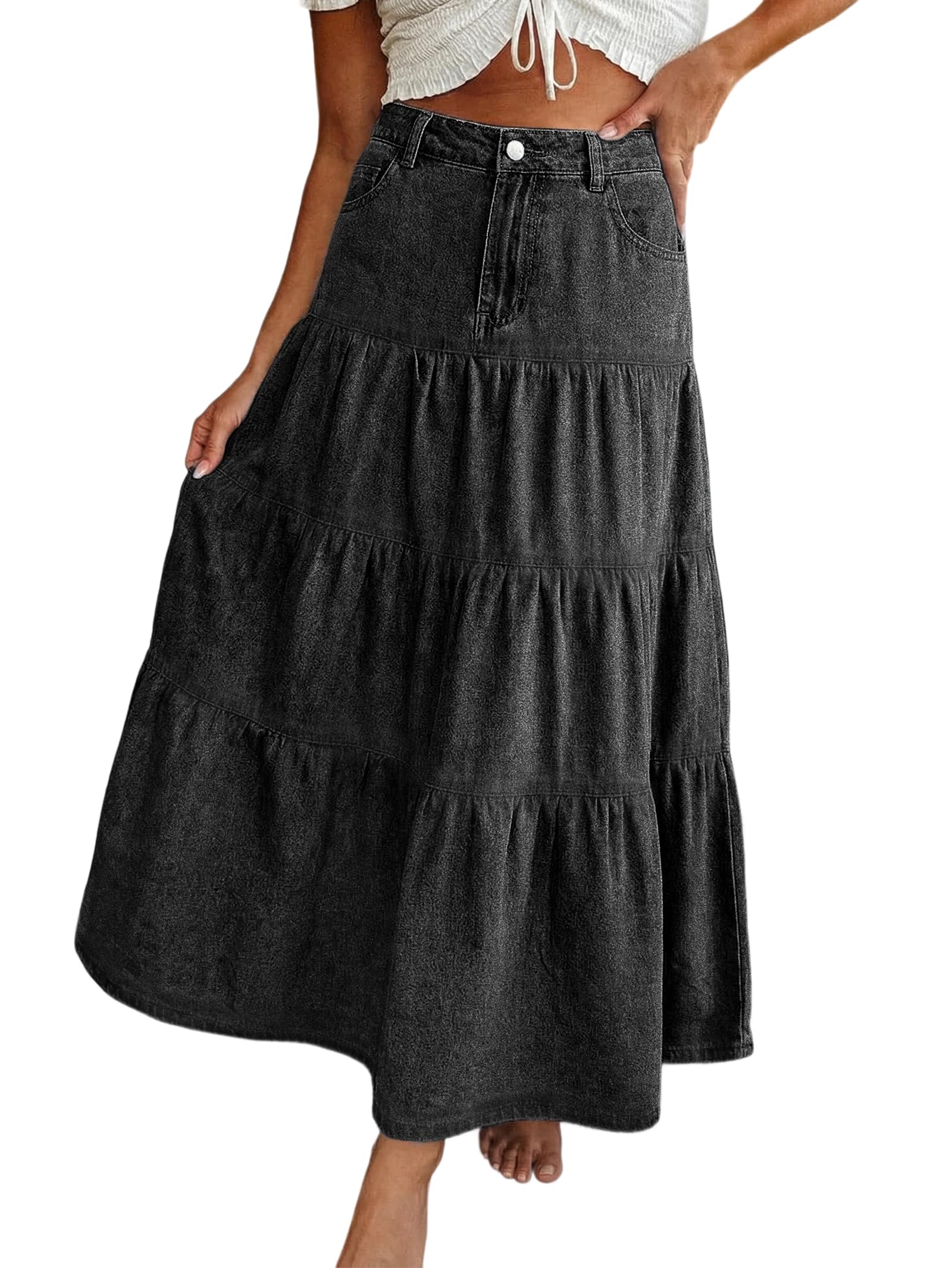 EMMIOL Long Denim Skirt for Women - High Waisted A-Line Jean Maxi Skirts Dark Wash Tiered Swing Jean Skirt with Pockets