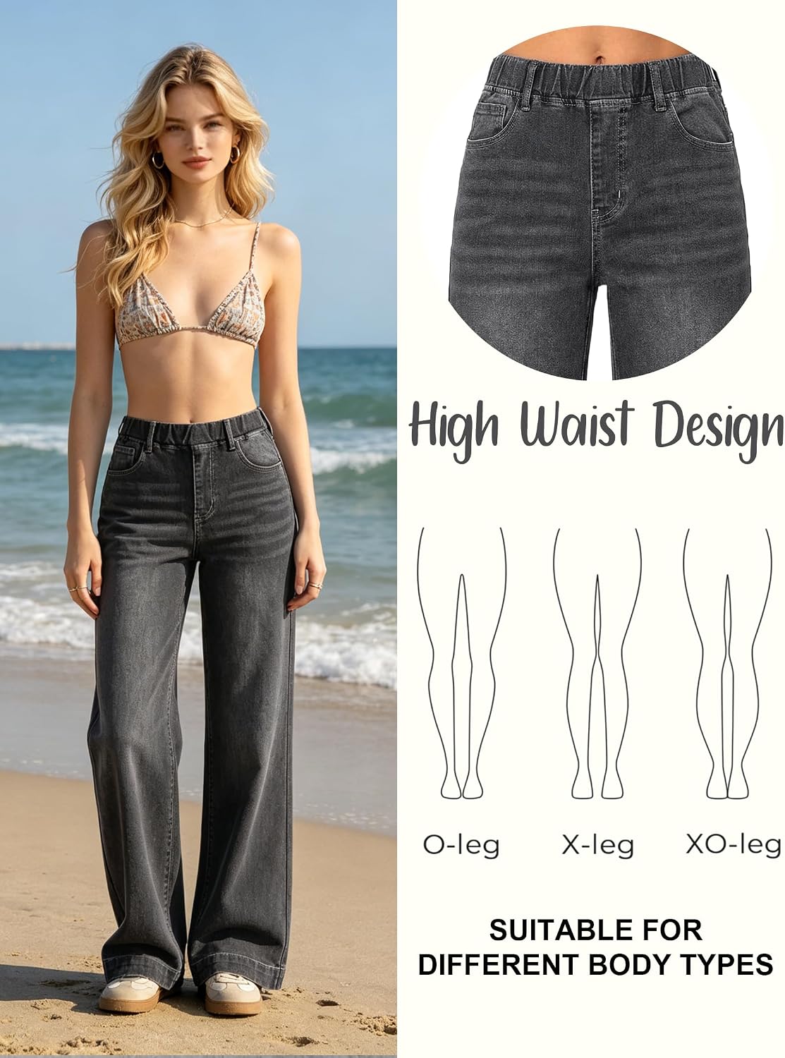 EMMIOL Wide Leg Baggy Jeans for Women Mid High Waisted Stretchy Denim Pants | Pull On Elastic Waist Jeans BBL Y2K Straight Leg Trousers Trendy Outfits