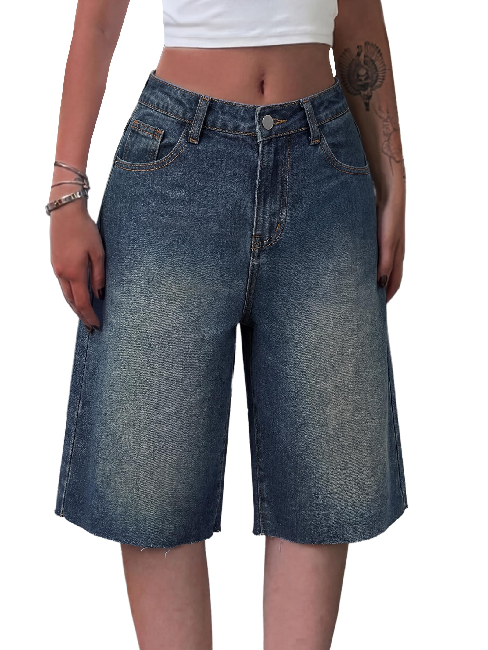 EMMIOL Women Jorts Wide Leg Jeans High Waisted Denim Bermuda Shorts | Knee Length,Casual Daily Wear,Trendy Outfits Summer Hot Short Pants 90S Streetwear with Pocket