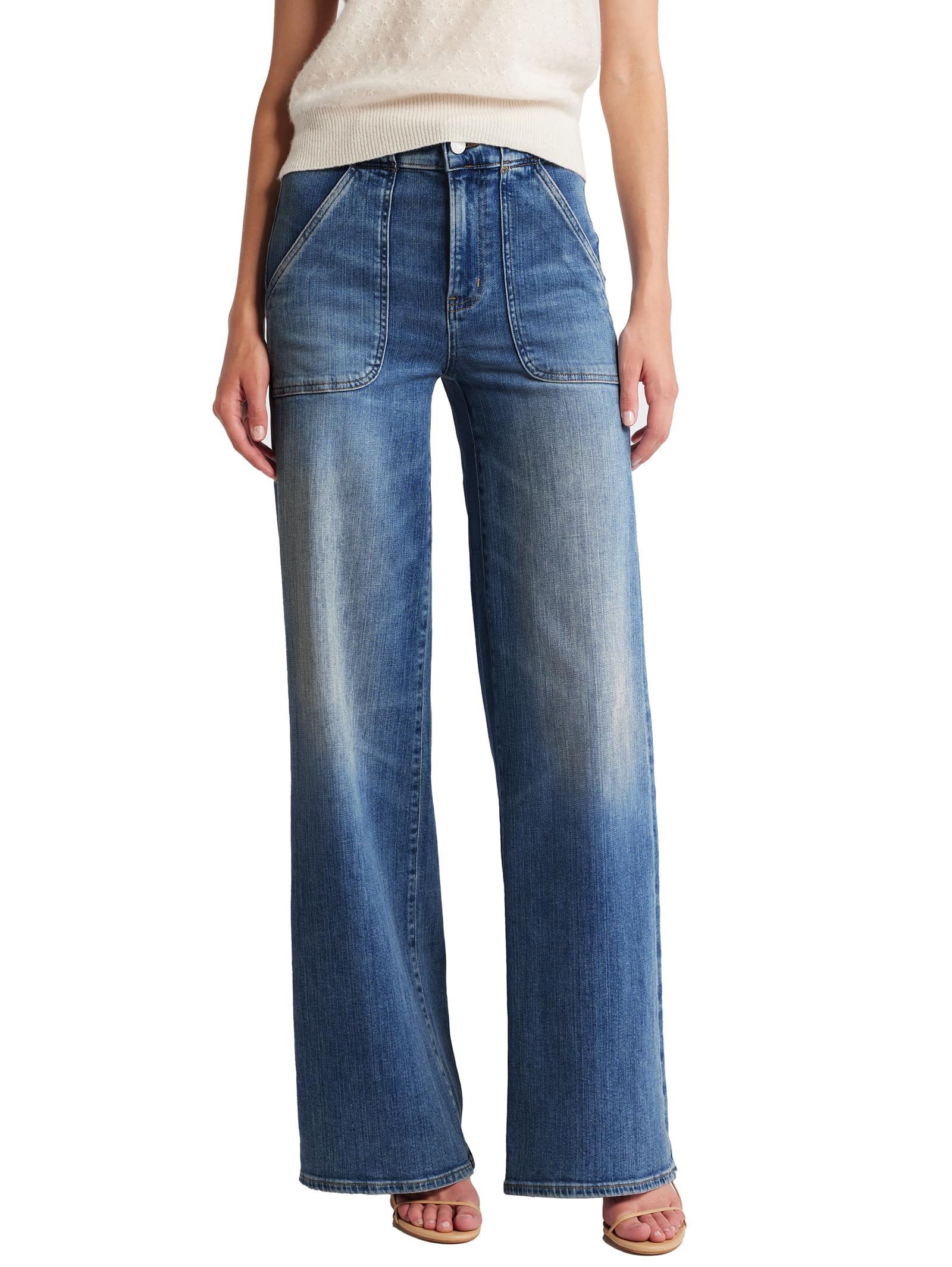 Mid Rise Patch Pocket Straight Leg Denim Pants