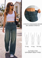 EMMIOL Women's Wide Leg Jeans Baggy Jeans High Waist Stretch Boyfriend Denim Pants Vintage Trousers with Pocket