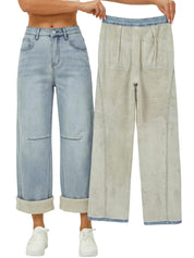 Mid High Rise Baggy Straight Leg Denim Pants