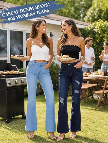 Women Stretchy Flare Jeans with Raw Hem
