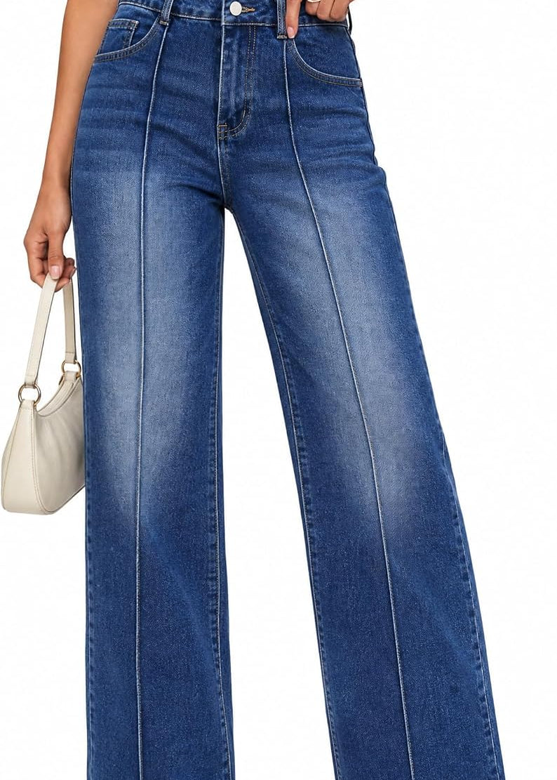 EMMIOL Straight Leg Jeans for Women High Waisted Petite Wide Leg Jeans | Baggy Jeans, Front Seamed, Petite Jeans for Women, Straight Leg, Stretchy Denim Pants with Pockets, High Rise