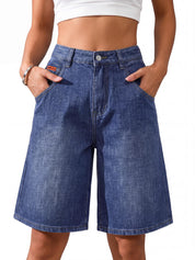 EMMIOL Bermuda Jean Shorts for Women Mid Waisted Denim Shorts | Knee Length, Baggy Jorts, Elastic Waist, Wide Leg, Jean Shorts with Pockets, Daily, Concert, Party, Relaxed Fit