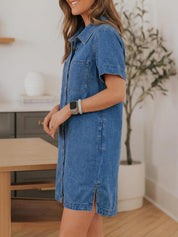 EMMIOL Button Down Denim Dress for Women - Short Sleeve Babydoll Mini Jean Shirt Dresses Summer Casual Trendy Outfits
