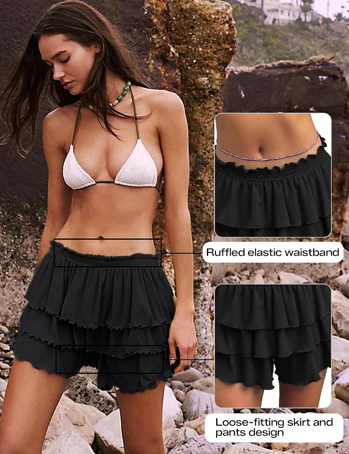 Women's Flowy Skort Skirt Tiered Ruffle Hem Mid Waist Summer Mini Skirt | Going Out Skirts Soft Stretchy Breathable Fabric Casual Bohemian Mini Shorts 2026 Summer Shorts