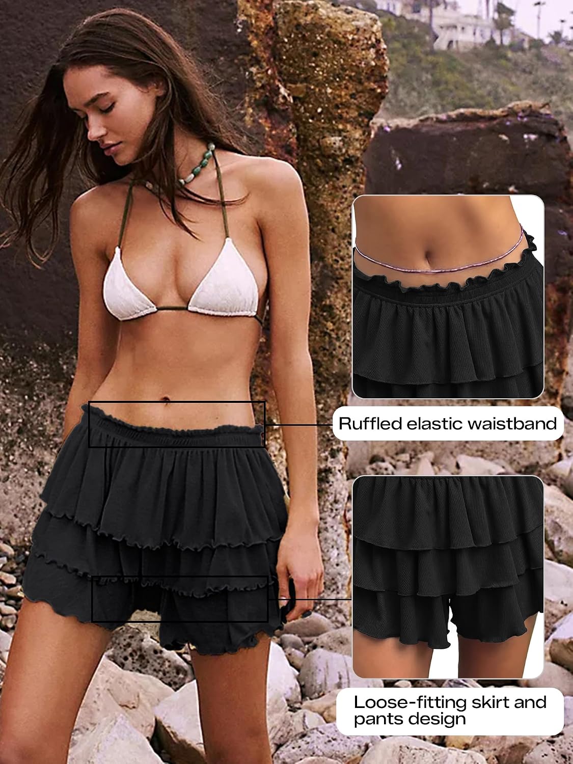 Women's Flowy Skort Skirt Tiered Ruffle Hem Mid Waist Summer Mini Skirt | Going Out Skirts Soft Stretchy Breathable Fabric Casual Bohemian Mini Shorts 2026 Summer Shorts