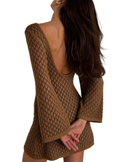 EMMIOL Swimsuit Coverup for Women Crochet V Neck Long Sleeves Beach Dress | Backless Bathing Suit Bikini Vacation Swimwear