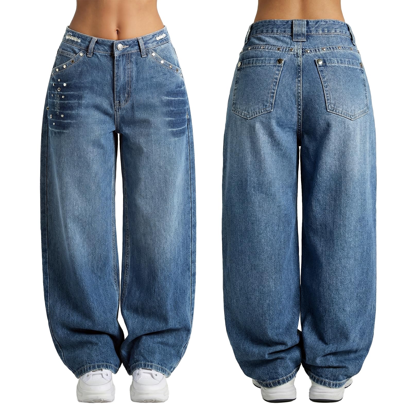 Women 90s Vintage Hip Hop Baggy Mid Waist Jeans