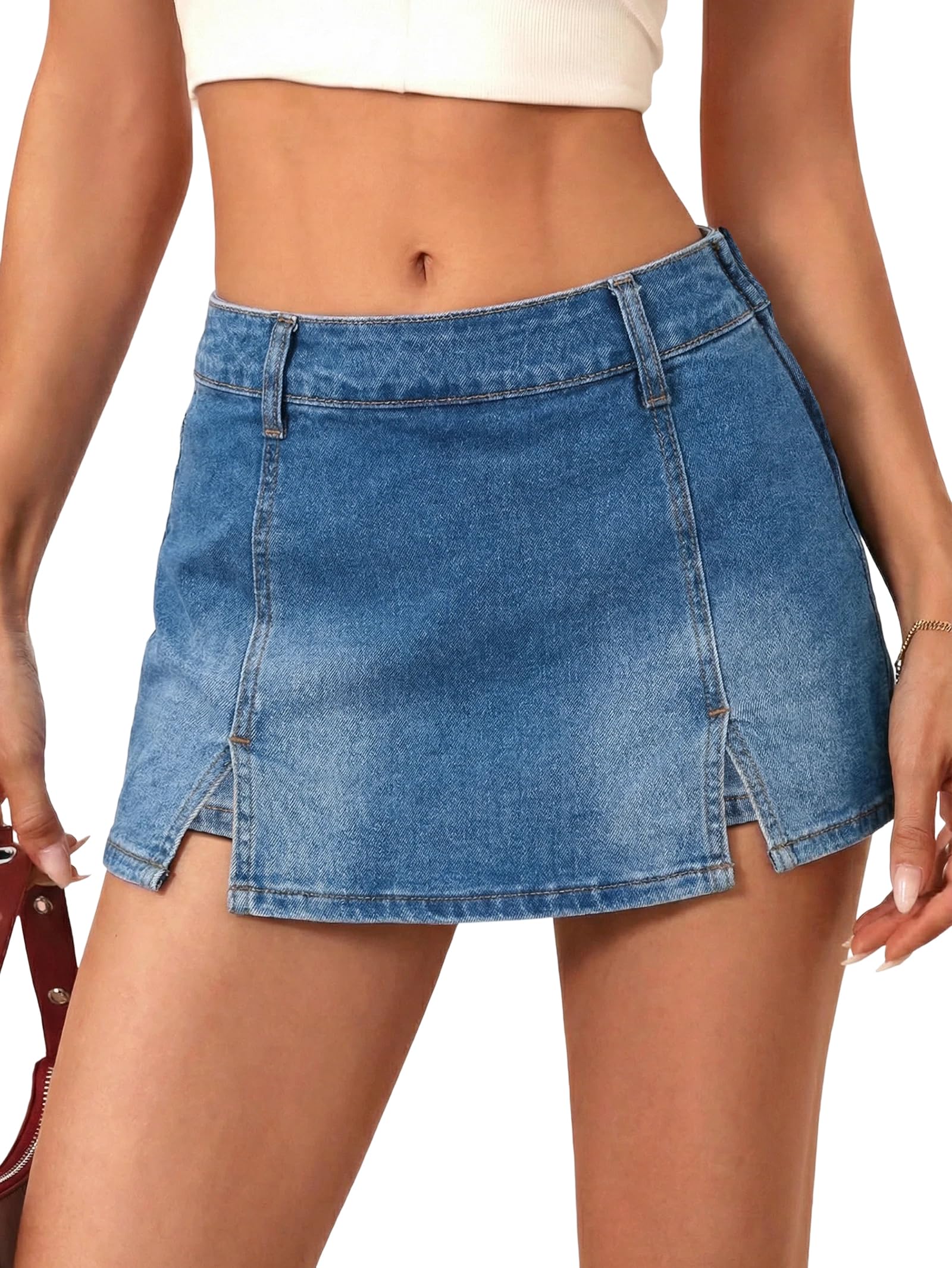 EMMIOL Denim Mini Skirt for Women - Mid Waisted Stretch Side Zipper Skort Y2k Casual Jean Skirts with Shorts Underneath