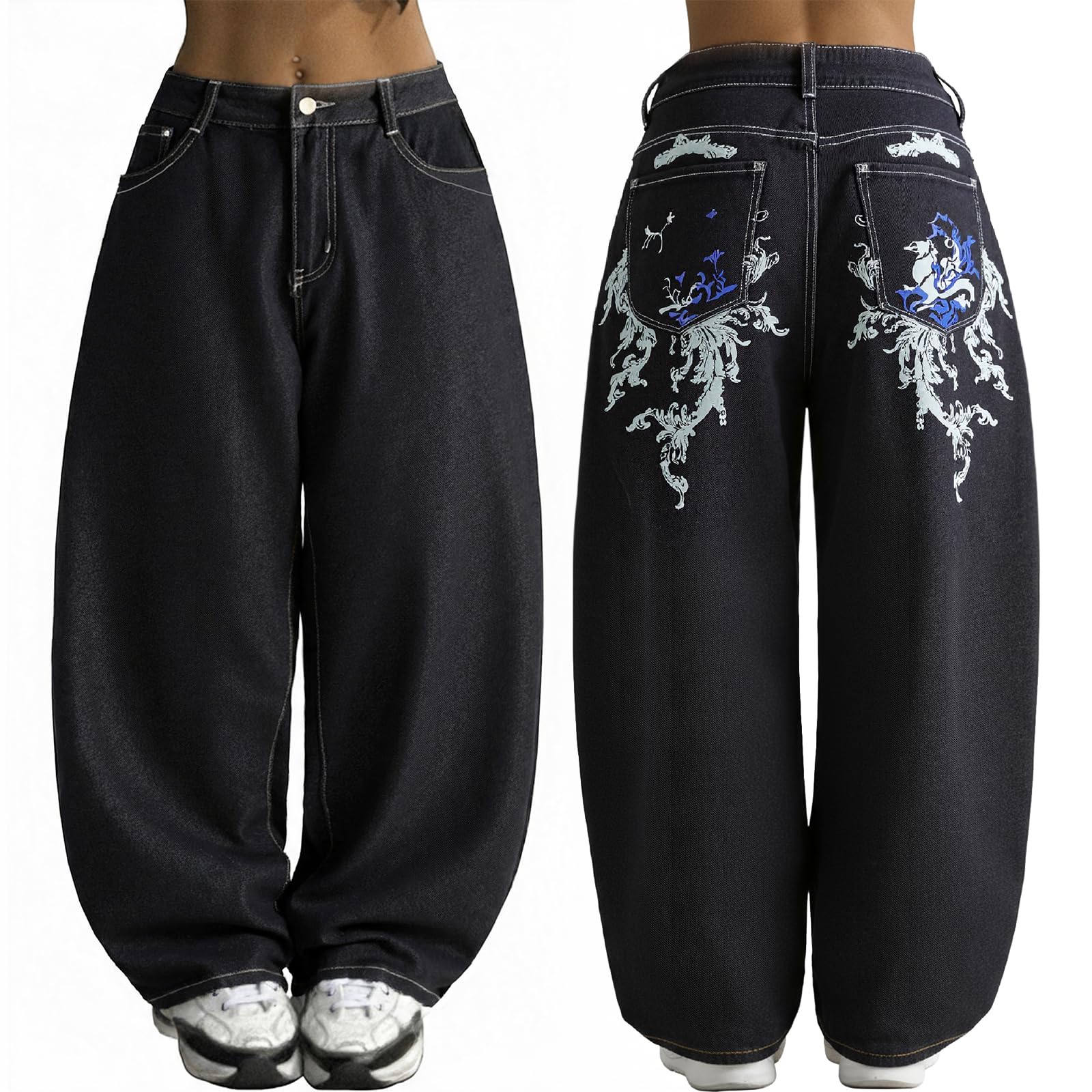 EMMIOL Women Boyfriends Hip Hop 90s Vintage Baggy Jeans Loose Denim Pants Mid Waist Jeans