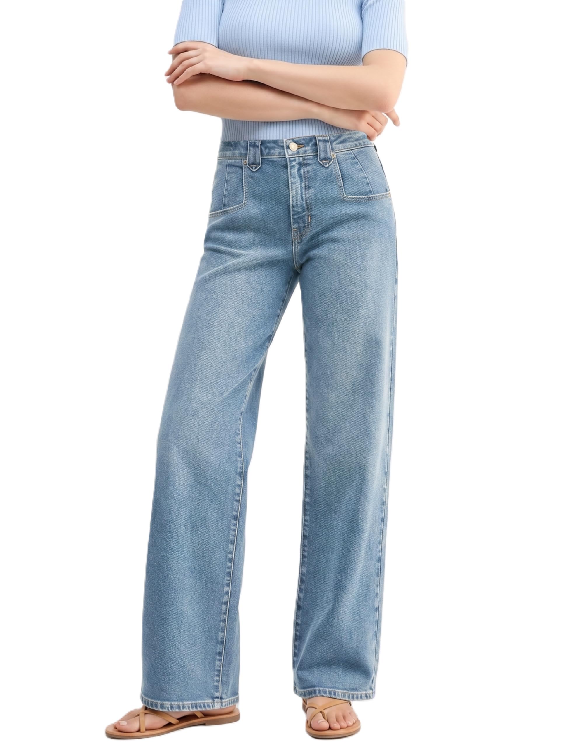 Mid High Rise Baggy Straight Leg Denim Pants