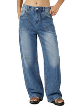 High Waisted Patchwork Pocket Wide Leg Denim Pants