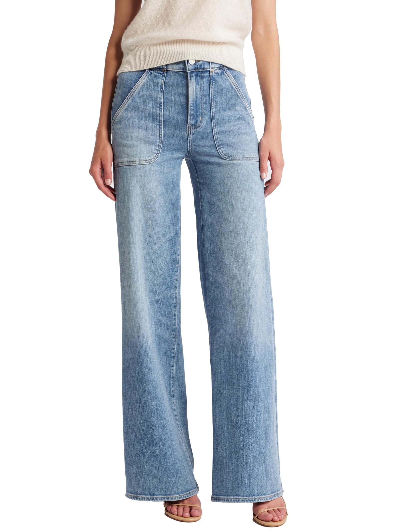 Mid Rise Patch Pocket Straight Leg Denim Pants