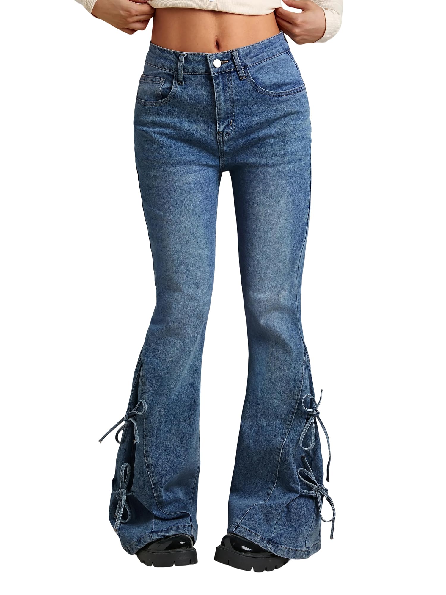 Women Bell Bottom Jeans Stretchy Flare Mid Rise Embroidery Vintage Denim Pants 90s Outfits Y2k Clothes