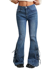 Women Bell Bottom Jeans Stretchy Flare Mid Rise Embroidery Vintage Denim Pants 90s Outfits Y2k Clothes