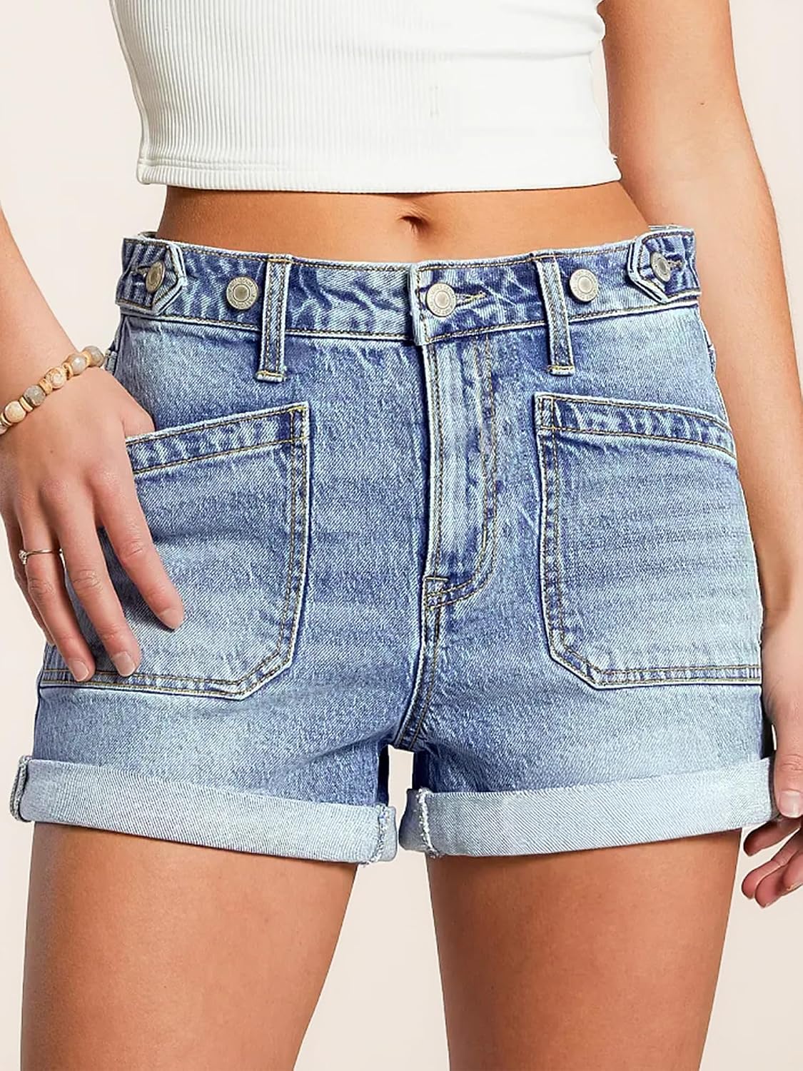 EMMIOL Women Jean Shorts Mid Rise Stretchy Summer Denim Shorts | Adjustable Waist,Cuffed Hem,Jean Shorts with Pockets,Stretch Soft Fabric,Going out,Daily Casual Wear,Back to School