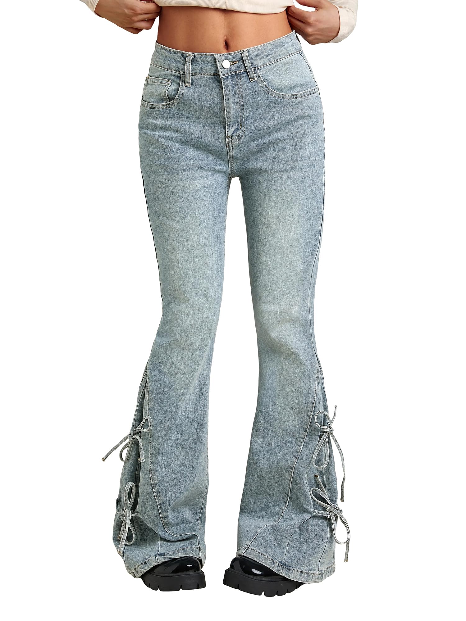 Women Bell Bottom Jeans Stretchy Flare Mid Rise Embroidery Vintage Denim Pants 90s Outfits Y2k Clothes