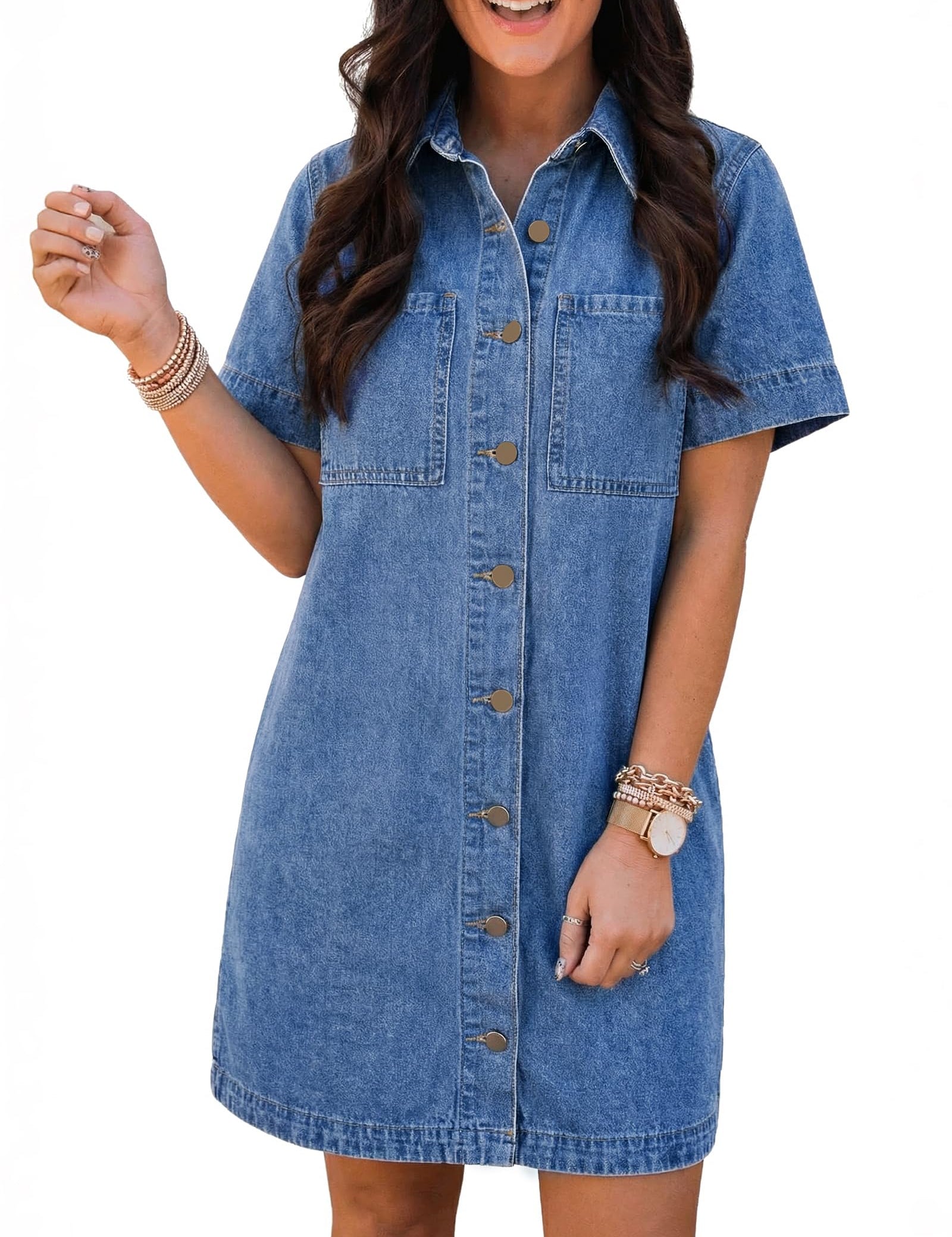EMMIOL Button Down Denim Dress for Women - Short Sleeve Babydoll Mini Jean Shirt Dresses Summer Casual Trendy Outfits