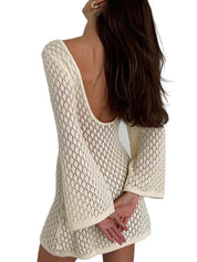EMMIOL Swimsuit Coverup for Women Crochet V Neck Long Sleeves Beach Dress | Backless Bathing Suit Bikini Vacation Swimwear