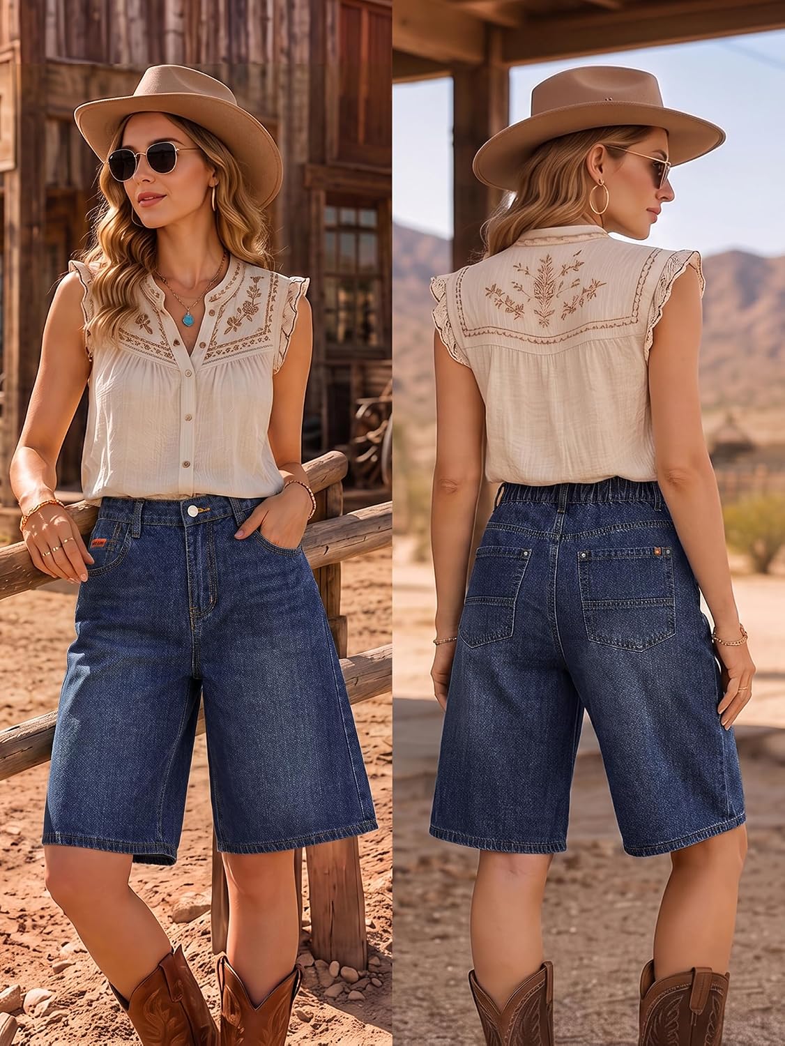 EMMIOL Bermuda Jean Shorts for Women Mid Waisted Denim Shorts | Knee Length, Baggy Jorts, Elastic Waist, Wide Leg, Jean Shorts with Pockets, Daily, Concert, Party, Relaxed Fit