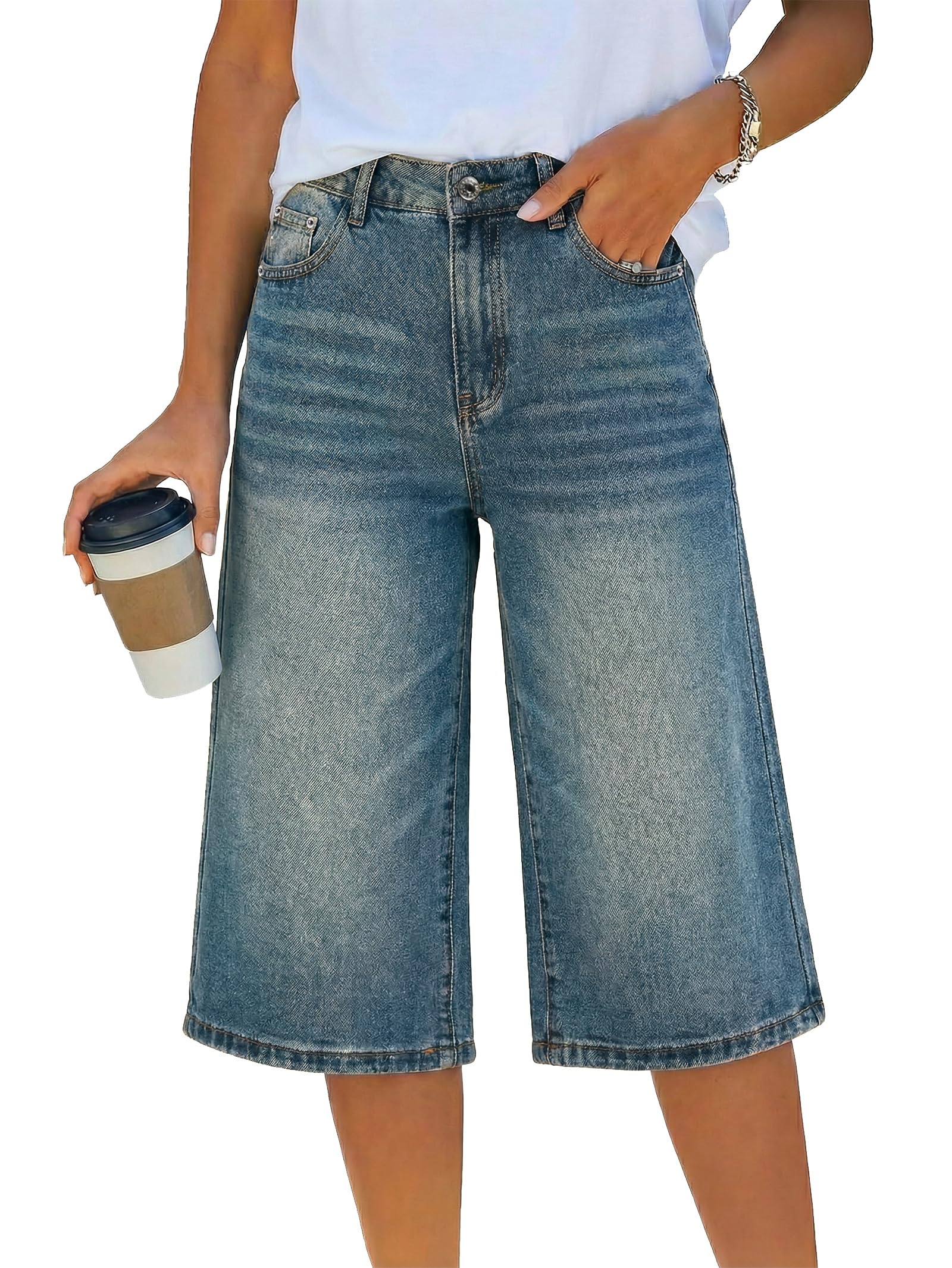 EMMIOL Bermuda Jean Shorts for Women Mid Waisted Denim Shorts | Knee Length, Baggy Jorts, Elastic Waist, Wide Leg, Jean Shorts with Pockets, Daily, Concert, Party, Relaxed Fit