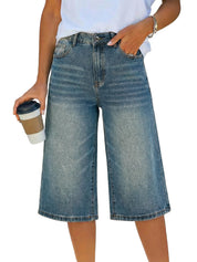 EMMIOL Bermuda Jean Shorts for Women Mid Waisted Denim Shorts | Knee Length, Baggy Jorts, Elastic Waist, Wide Leg, Jean Shorts with Pockets, Daily, Concert, Party, Relaxed Fit