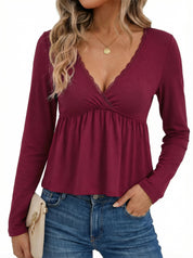 EMMIOL Peplum Tops for Women Long Sleeve Babydoll Tops Cute Y2K Shirts | V Neck with Lace Trim T Shirts, Casual Going Out Top 2026, Fall Trendy, Cute Summer Blouse, Peplum Tops, Stretchy Fabric
