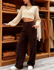 EMMIOL High-Waisted Corduroy Pants for Women, Bootcut Wide Leg Baggy | Cargo Vintage Style,Trousers Pants for women, Loose Fit, Adjustable Waist Buckle, Side Pocket,Trouser in Dark Brown Black