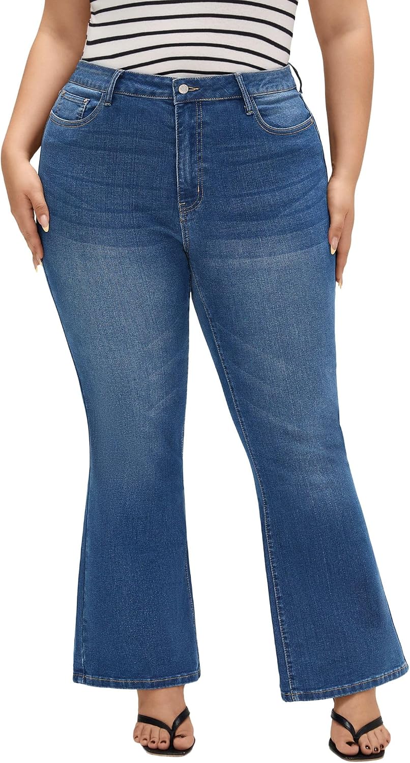 EMMIOL Flare Jeans for Women High Waisted Women's Stretch Bootcut Jeans | Plus Size Bell Bottom Denim Pants with Pockets,Y2K Look,Ripped Design