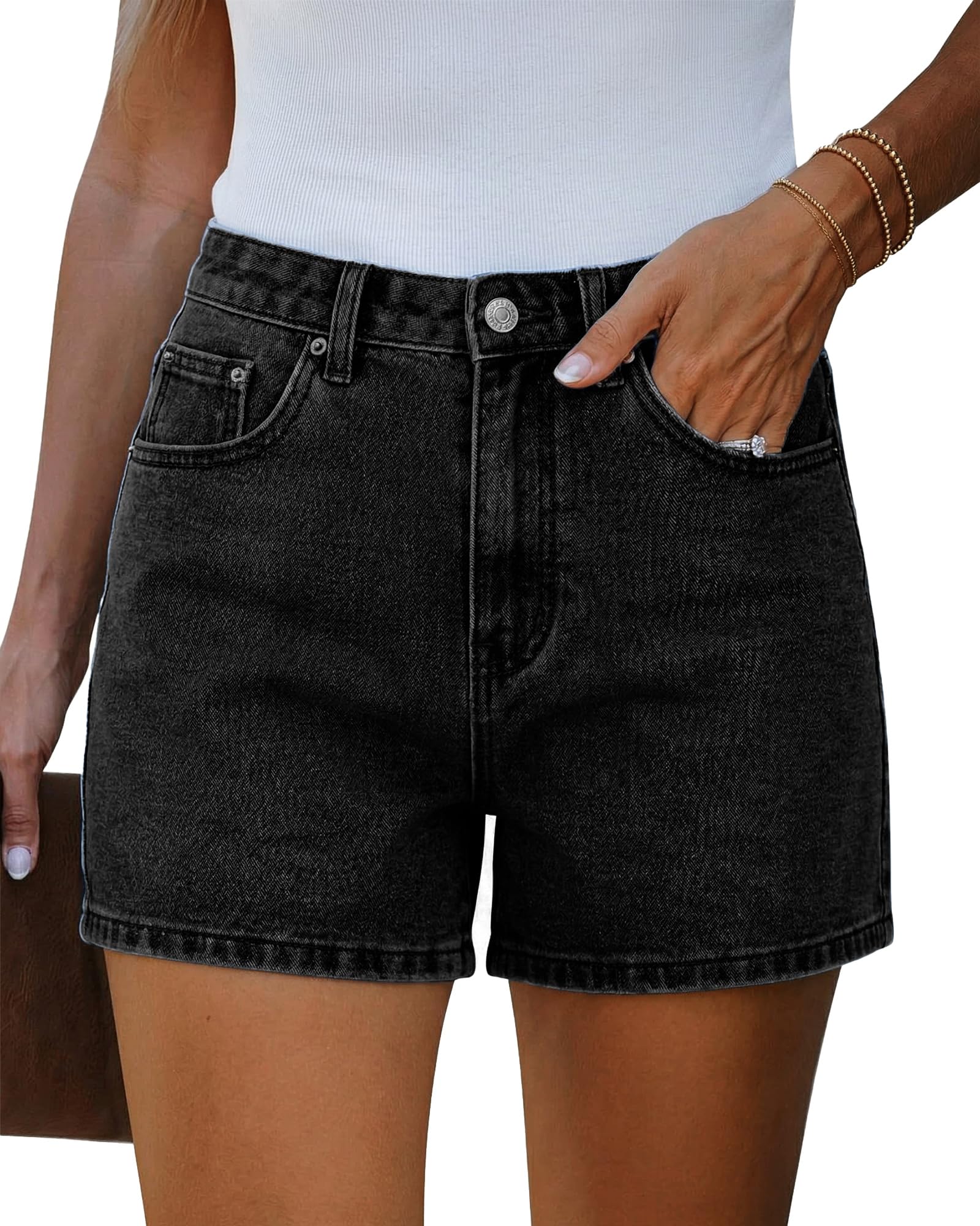 EMMIOL Jean Shorts Womens High Waisted Stretchy Jorts Summer | Vintage Button Y2K Denim Short Mid Length Casual Basic Solid Jeans Outfits with Front and Back Pockets