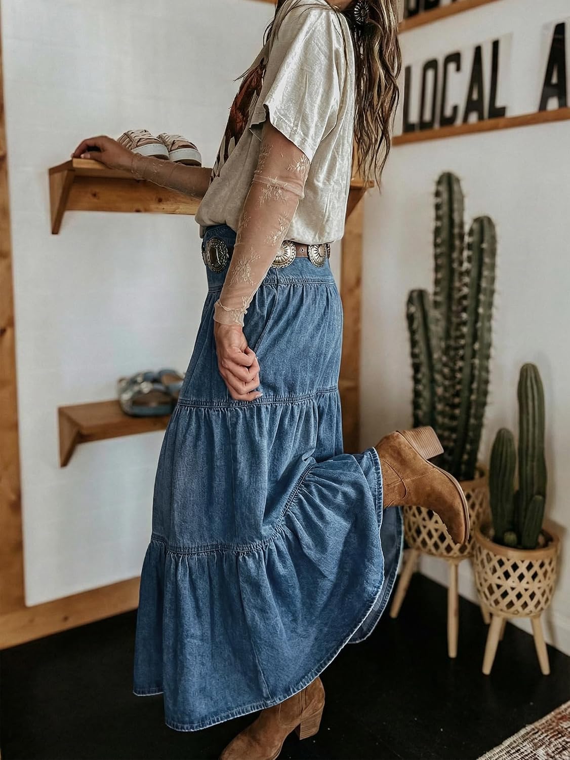 EMMIOL Long Denim Skirt for Women - High Waisted A-Line Jean Maxi Skirts Dark Wash Tiered Swing Jean Skirt with Pockets