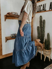EMMIOL Long Denim Skirt for Women - High Waisted A-Line Jean Maxi Skirts Dark Wash Tiered Swing Jean Skirt with Pockets
