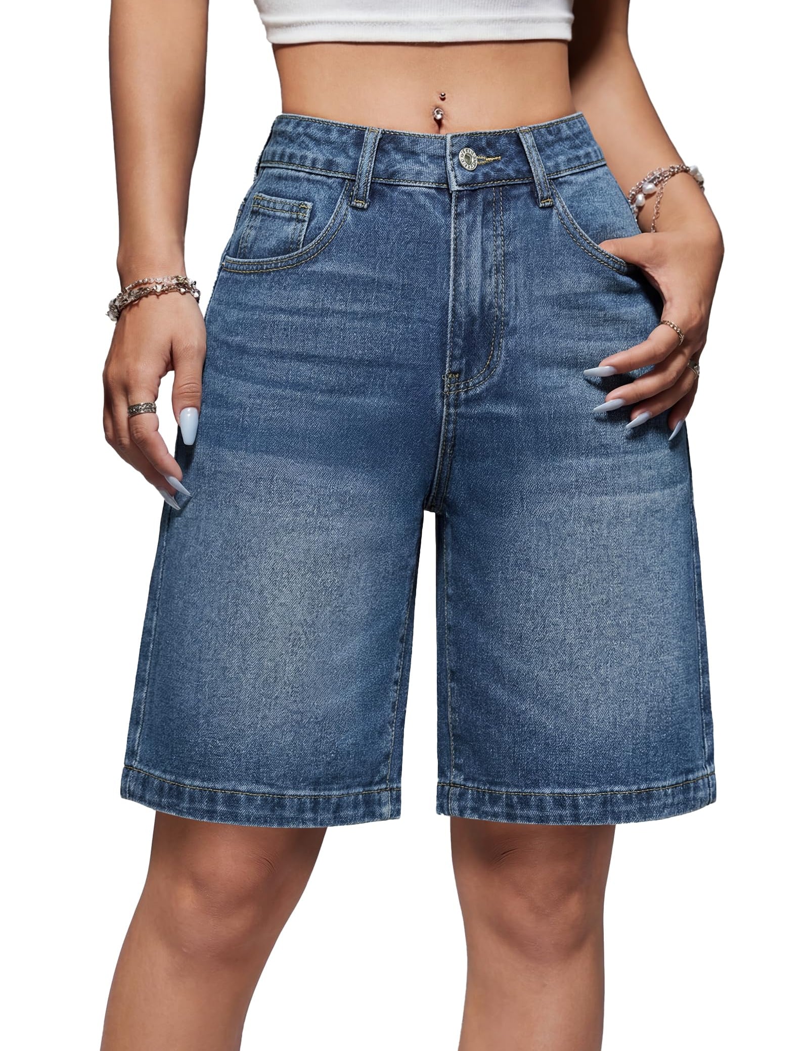 High Waisted Baggy Denim Bermuda Shorts