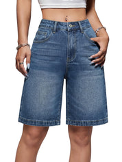 High Waisted Baggy Denim Bermuda Shorts